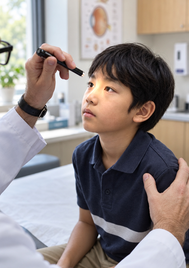 A doctor talking with a child and parent across his desk