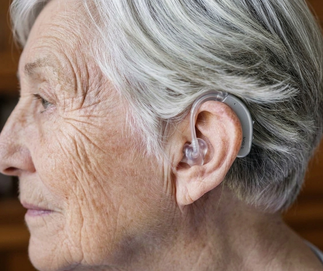 A clinician examining a man's ear